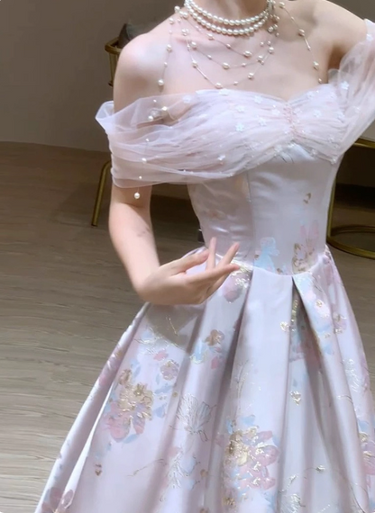 Dreamy Lavender Gray Pink A-Line Off-the-Shoulder Printed Satin Long Prom Dress Evening Dress P4370