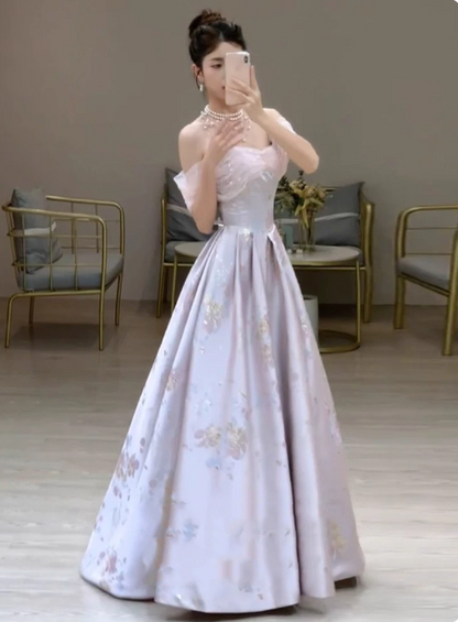Dreamy Lavender Gray Pink A-Line Off-the-Shoulder Printed Satin Long Prom Dress Evening Dress P4370