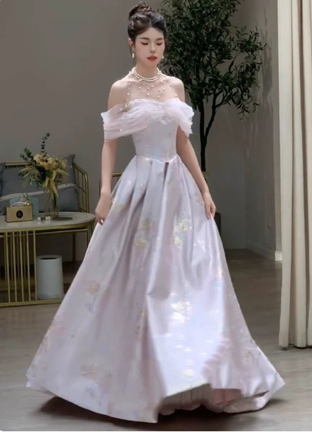 Dreamy Lavender Gray Pink A-Line Off-the-Shoulder Printed Satin Long Prom Dress Evening Dress P4370