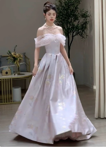 Dreamy Lavender Gray Pink A-Line Off-the-Shoulder Printed Satin Long Prom Dress Evening Dress P4370