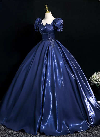 Palace Vintage Navy Blue Puffed Sleeve Embroidered Satin Long Prom Dress Evening Dress P4371