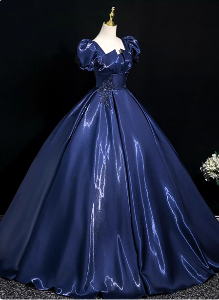 Palace Vintage Navy Blue Puffed Sleeve Embroidered Satin Long Prom Dress Evening Dress P4371