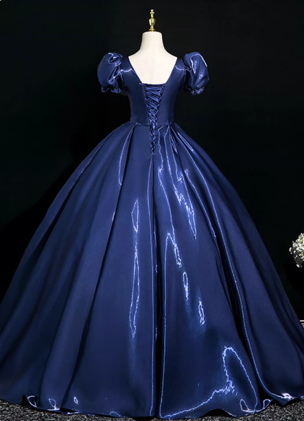 Palace Vintage Navy Blue Puffed Sleeve Embroidered Satin Long Prom Dress Evening Dress P4371