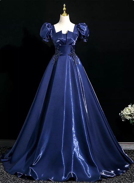 Palace Vintage Navy Blue Puffed Sleeve Embroidered Satin Long Prom Dress Evening Dress P4371