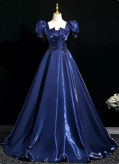 Palace Vintage Navy Blue Puffed Sleeve Embroidered Satin Long Prom Dress Evening Dress P4371