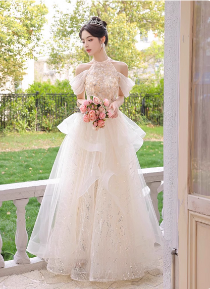 Princess A-Line Halter Neck Sequin Embroidered Tiered Tulle Long Prom Dress Evening Dress P4372