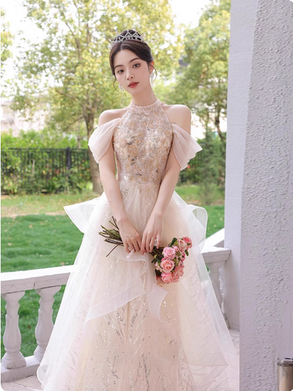 Princess A-Line Halter Neck Sequin Embroidered Tiered Tulle Long Prom Dress Evening Dress P4372