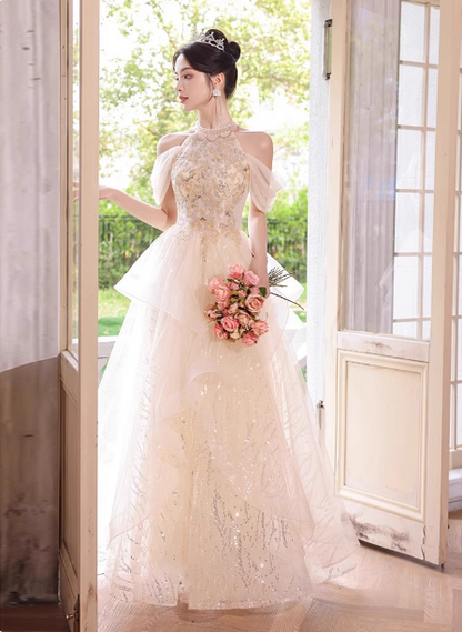 Princess A-Line Halter Neck Sequin Embroidered Tiered Tulle Long Prom Dress Evening Dress P4372