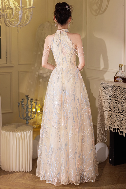 Elegant Cream Apricot A-Line Halter Neck Sequin Embroidered Pearl Fringe Tulle Long Prom Dress Evening Dress P4373