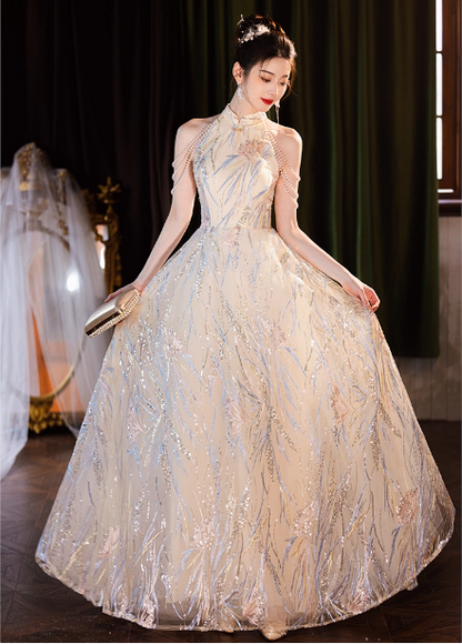 Elegant Cream Apricot A-Line Halter Neck Sequin Embroidered Pearl Fringe Tulle Long Prom Dress Evening Dress P4373