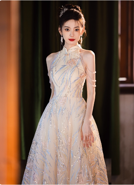 Elegant Cream Apricot A-Line Halter Neck Sequin Embroidered Pearl Fringe Tulle Long Prom Dress Evening Dress P4373