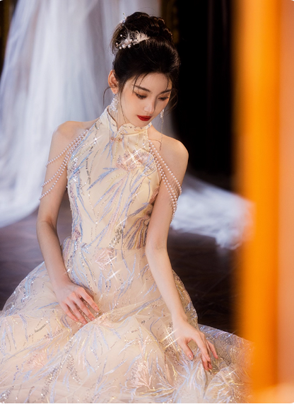 Elegant Cream Apricot A-Line Halter Neck Sequin Embroidered Pearl Fringe Tulle Long Prom Dress Evening Dress P4373