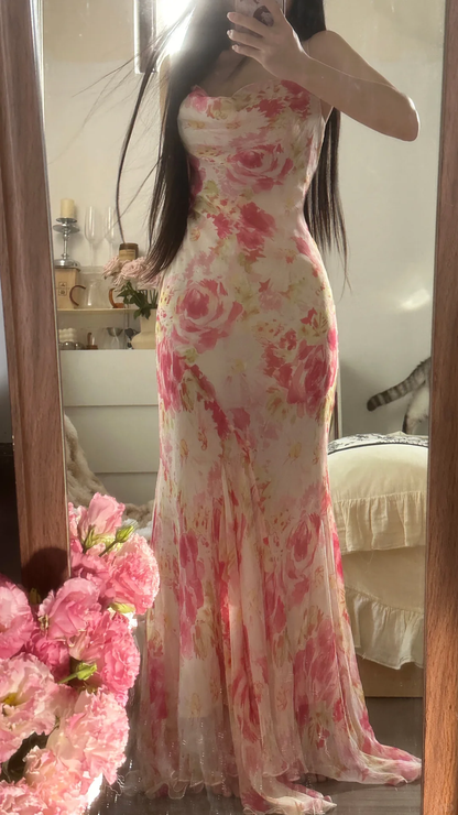 Retro Pink Floral Spaghetti Strap Design Elegant Chiffon Evening Dress Prom Dresses TP3990