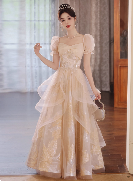 Princess Champagne Gold A-Line Embroidered Tulle Long Prom Dress Evening Dress P4374