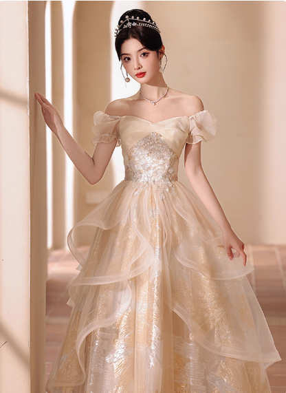Princess Champagne Gold A-Line Embroidered Tulle Long Prom Dress Evening Dress P4374