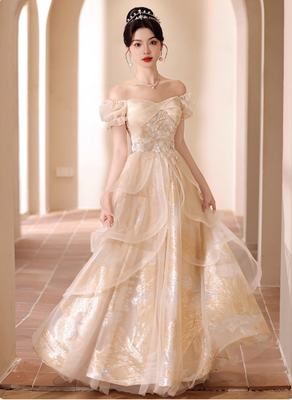 Princess Champagne Gold A-Line Embroidered Tulle Long Prom Dress Evening Dress P4374
