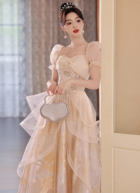 Princess Champagne Gold A-Line Embroidered Tulle Long Prom Dress Evening Dress P4374