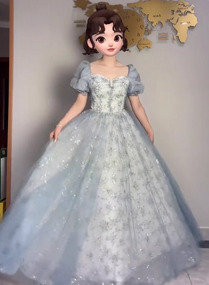 Princess Light Haze Blue Puffed Sleeve Embroidered Sequin Tulle Long Prom Dress Evening Dress P4375