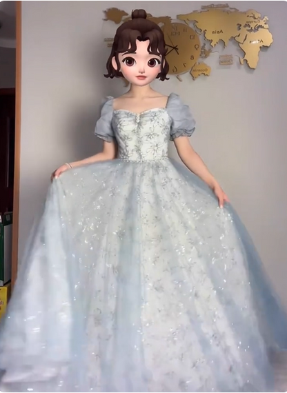 Princess Light Haze Blue Puffed Sleeve Embroidered Sequin Tulle Long Prom Dress Evening Dress P4375