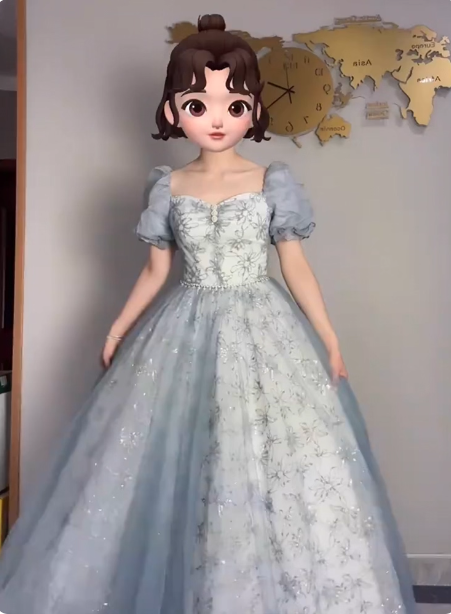 Princess Light Haze Blue Puffed Sleeve Embroidered Sequin Tulle Long Prom Dress Evening Dress P4375