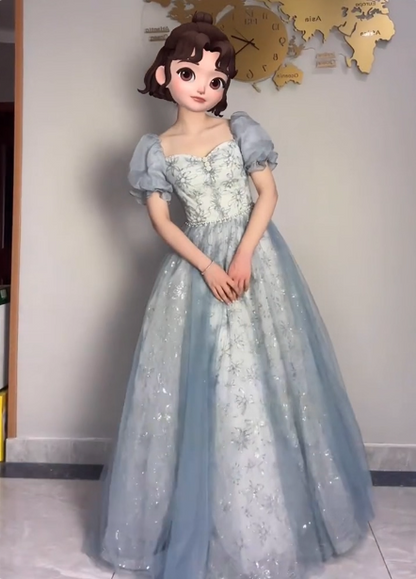 Princess Light Haze Blue Puffed Sleeve Embroidered Sequin Tulle Long Prom Dress Evening Dress P4375