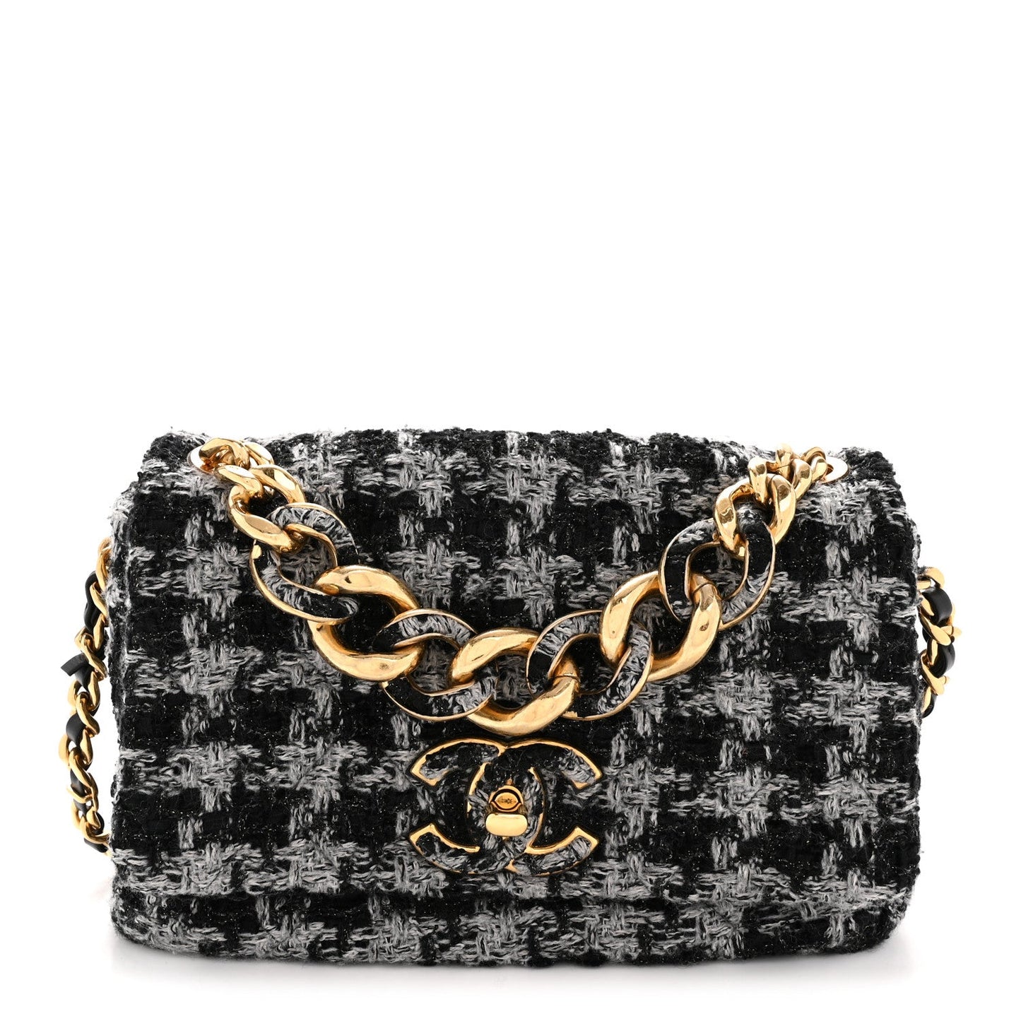 Wool Tweed Quilted Small Elegant Chain Flap Black Grey