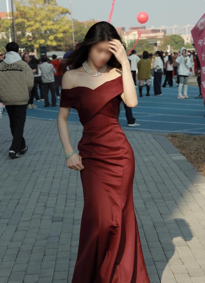 Elegant Burgundy Mermaid Off-the-Shoulder Satin Long Prom Dress Evening Dress P4376