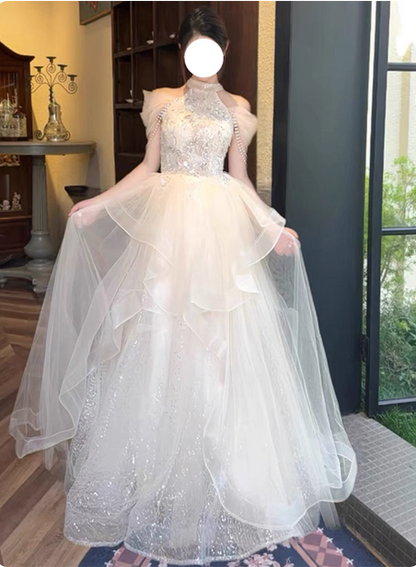 Princess A-Line Halter Neck Sequin Embroidered Tiered Tulle Long Prom Dress Evening Dress P4377