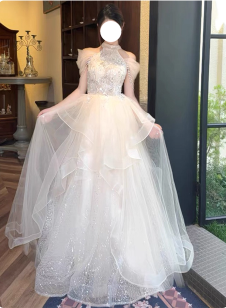 Princess A-Line Halter Neck Sequin Embroidered Tiered Tulle Long Prom Dress Evening Dress P4377