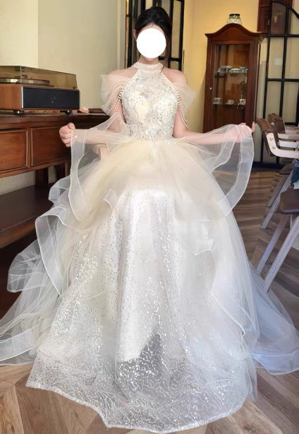 Princess A-Line Halter Neck Sequin Embroidered Tiered Tulle Long Prom Dress Evening Dress P4377
