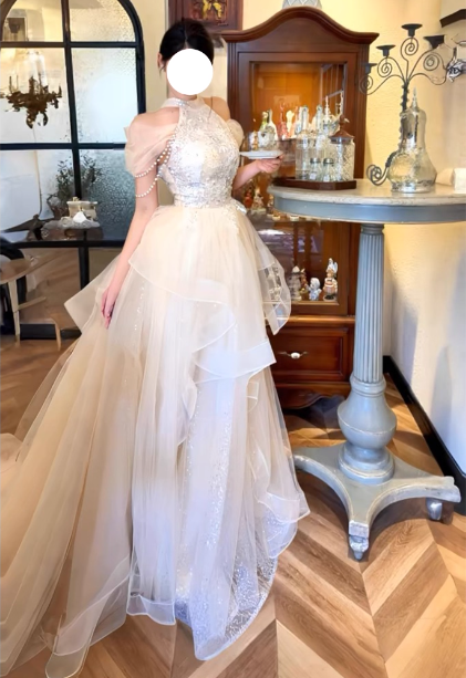 Princess A-Line Halter Neck Sequin Embroidered Tiered Tulle Long Prom Dress Evening Dress P4377