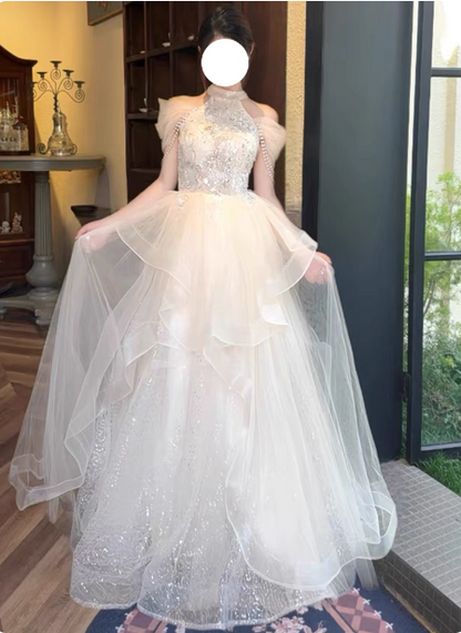 Princess A-Line Halter Neck Sequin Embroidered Tiered Tulle Long Prom Dress Evening Dress P4377