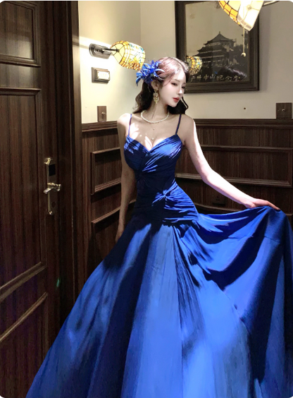 Vibrant Royal Blue A-Line Spaghetti Strap Knot-Embellished Chiffon Long Prom Dress Evening Dress P4378