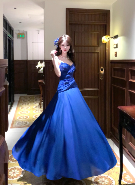 Vibrant Royal Blue A-Line Spaghetti Strap Knot-Embellished Chiffon Long Prom Dress Evening Dress P4378