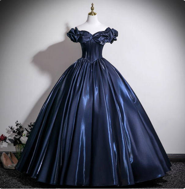 Vintage Navy Blue Off-the-Shoulder Satin Ball Gown Evening Dress Sweet 16 Dress P4379