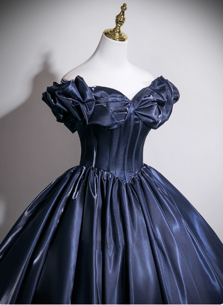 Vintage Navy Blue Off-the-Shoulder Satin Ball Gown Evening Dress Sweet 16 Dress P4379
