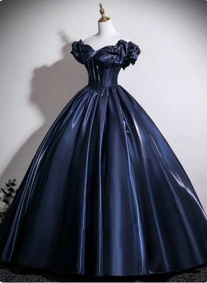 Vintage Navy Blue Off-the-Shoulder Satin Ball Gown Evening Dress Sweet 16 Dress P4379
