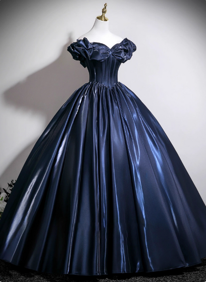 Vintage Navy Blue Off-the-Shoulder Satin Ball Gown Evening Dress Sweet 16 Dress P4379
