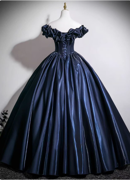 Vintage Navy Blue Off-the-Shoulder Satin Ball Gown Evening Dress Sweet 16 Dress P4379
