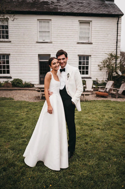omberprom Elegant Simple A-Line Square Neck Satin Wedding Dresses
