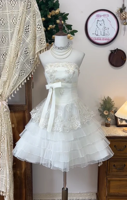 Charming Strapless White Tulle Lace Layered Short Wedding Dress Homecoming Dress Y8880