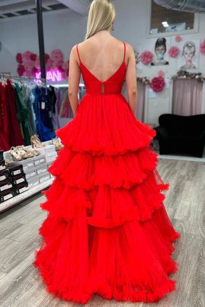 omberprom Elegant A-line Evening Dress V-Neck Tulle Prom Dress with Tiered Ruffles