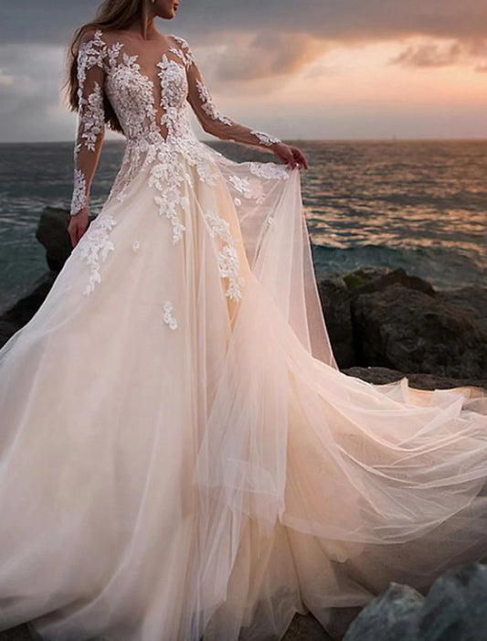 omberprom Beach Open Back Wedding Dresses A-Line Illusion Neck Long Sleeve Court Train Lace Bridal Gowns With Appliques