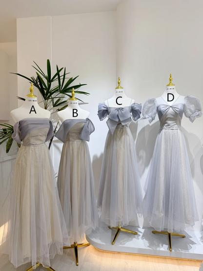 Gray waist-cinched, slim-fit ball gown with a light yellow lining, bridesmaid dress R5963