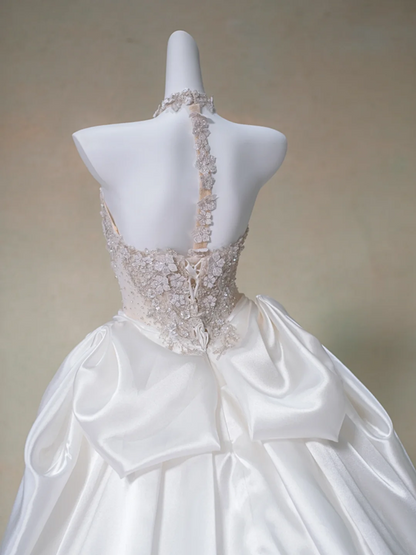 Pink halter neck diamond waist slim white skirt satin long dress bridal gown R5728
