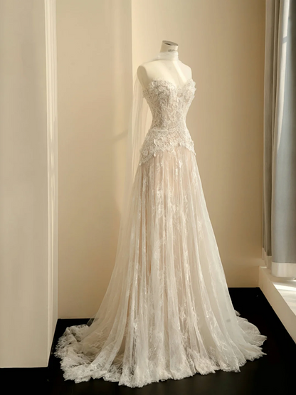 Apricot Strapless Lace Waist Slim A-Line Maxi Dress, prom dress R5686
