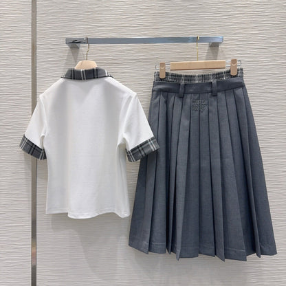 Miu SS26 Set Polo Shirt Pleated Skirt White Charcoal Grey Polyester Cotton 351269