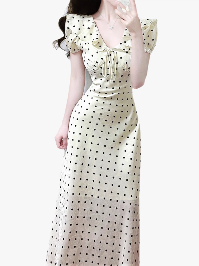 2025 Summer New French Gentle Style Polka Dot Puff Sleeves Ruffled V-Neck Dress R0912
