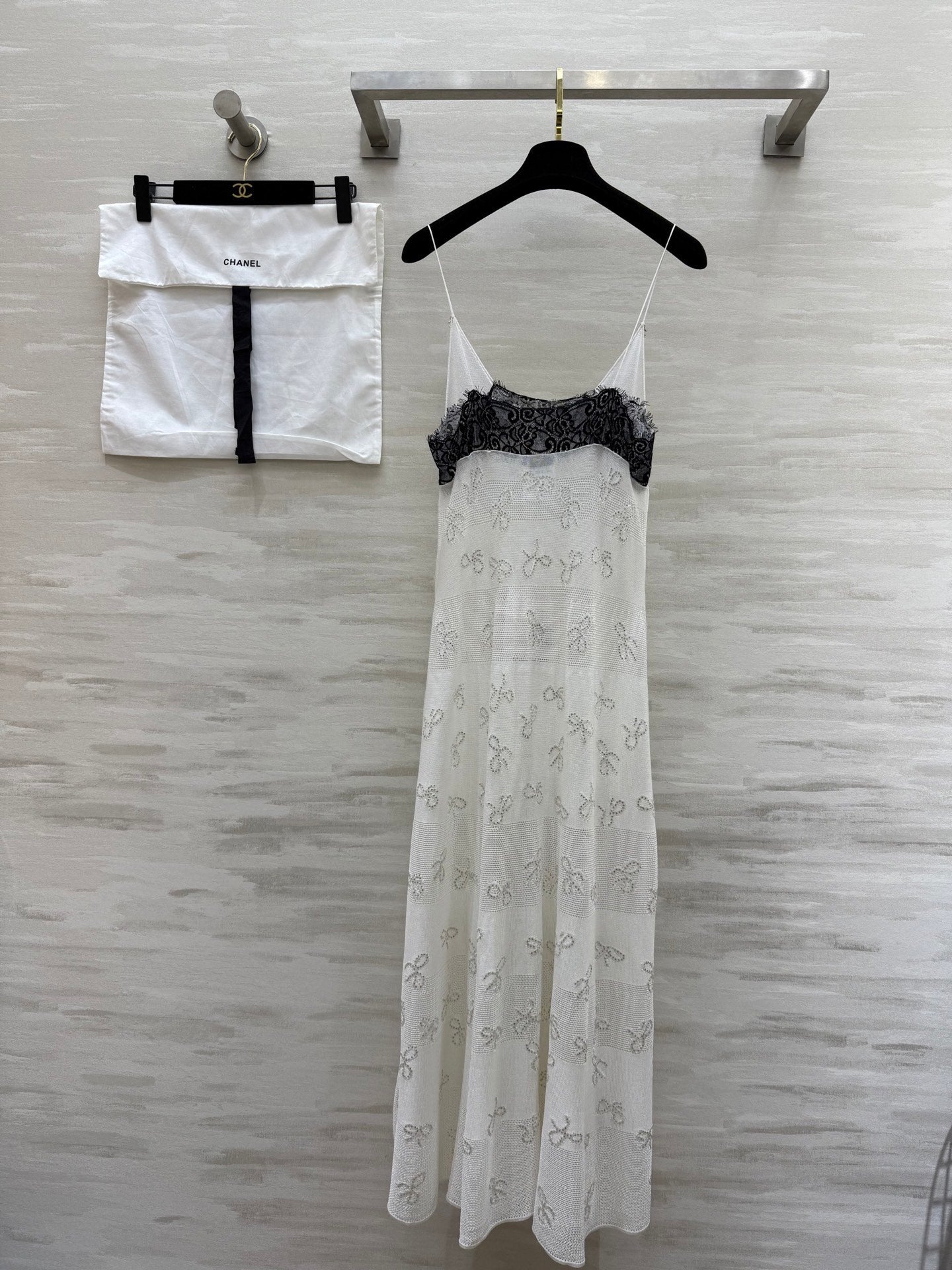 CC Rhinestone Bow Jacquard Embroidered Lace Dress White Cotton 346488
