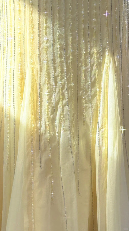 Elegant Pale Yellow Mermaid Strapless Backless Beaded Chiffon Long Prom Dress Evening Dress P4038